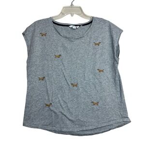 Boden T-Shirt Womens M Grey Embroidered Dachshund Dog Cap Sleeve Cotton Tee Cute